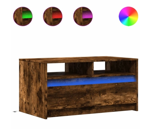 Mesa de centro con luces LED madera de ingeniería roble ahumado