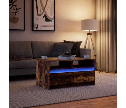 Mesa de centro con luces LED madera de ingeniería roble ahumado