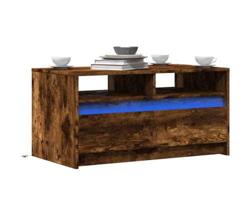 Mesa de centro con luces LED madera de ingeniería roble ahumado