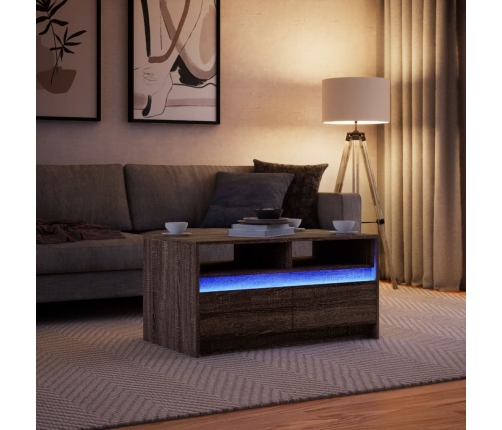 Mesa de centro con luces LED madera de ingeniería marrón roble