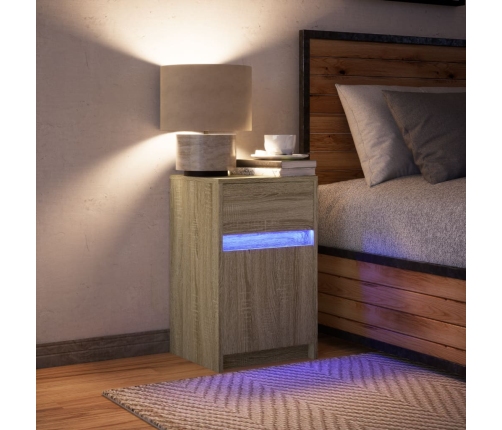 Mesita de noche con luces LED madera de ingeniería roble Sonoma