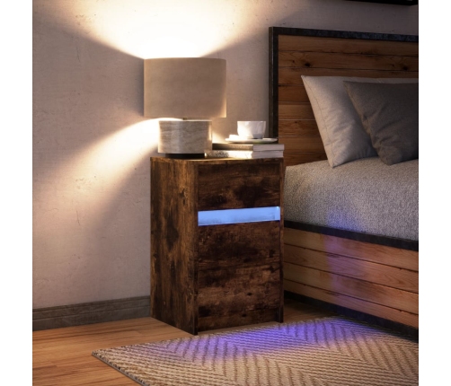 Mesita de noche con luces LED madera ingeniería roble ahumado