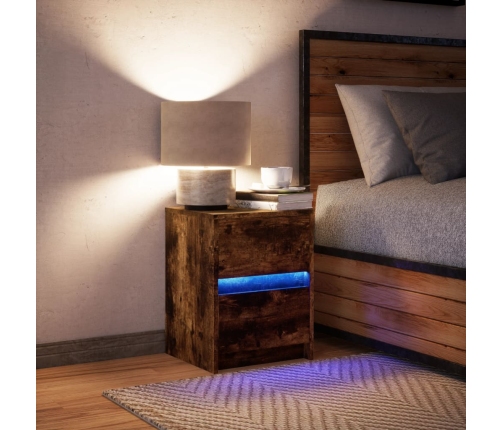 Mesita de noche con luces LED madera ingeniería roble ahumado