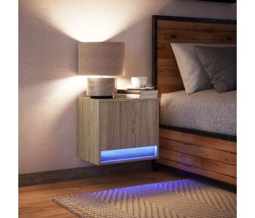 Mesita de noche de pared con luces LED roble Sonoma