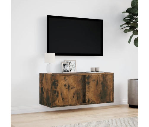 Mueble de TV de pared con luces LED roble ahumado 80x31x35 cm