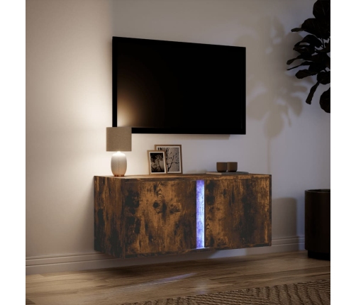 Mueble de TV de pared con luces LED roble ahumado 80x31x35 cm