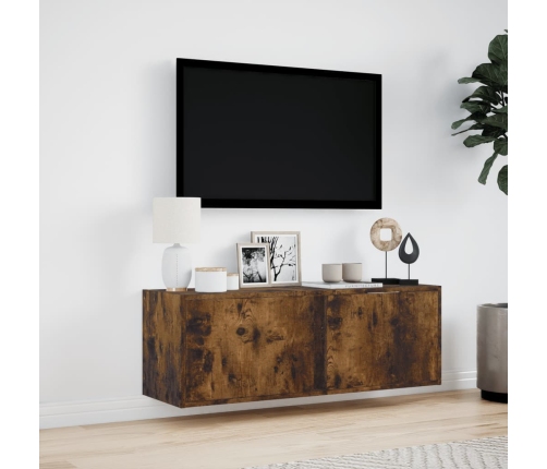 Mueble de TV de pared con luces LED roble ahumado 100x31x35 cm