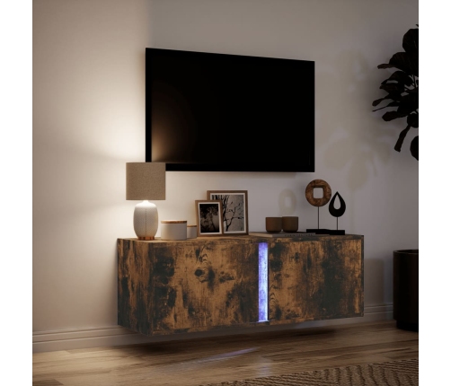 Mueble de TV de pared con luces LED roble ahumado 100x31x35 cm