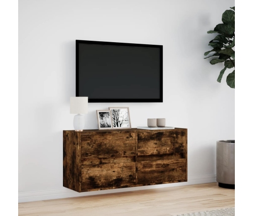 Mueble de TV de pared con luces LED roble ahumado 100x31x45 cm