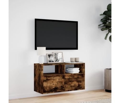 Mueble de TV de pared con luces LED roble ahumado 80x31x45 cm