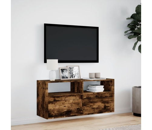 Mueble de TV de pared con luces LED roble ahumado 100x31x45 cm