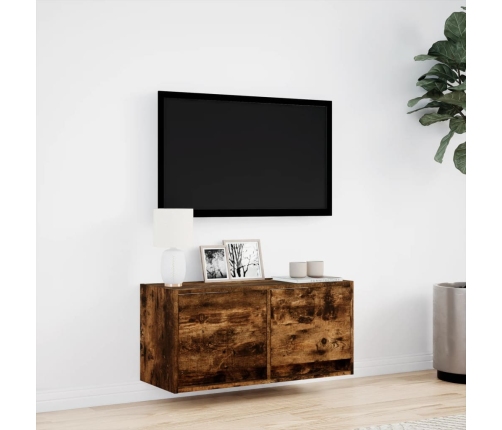 Mueble de TV de pared con luces LED roble ahumado 80x31x35 cm