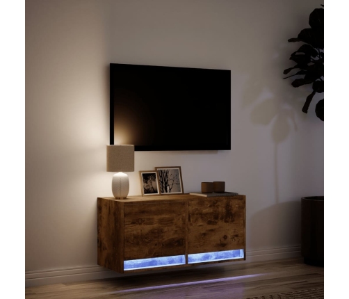 Mueble de TV de pared con luces LED roble ahumado 80x31x35 cm