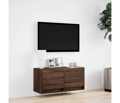 Mueble de TV de pared con luces LED roble marrón 80x31x35 cm