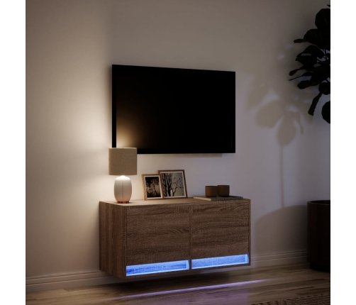 Mueble de TV de pared con luces LED roble marrón 80x31x35 cm