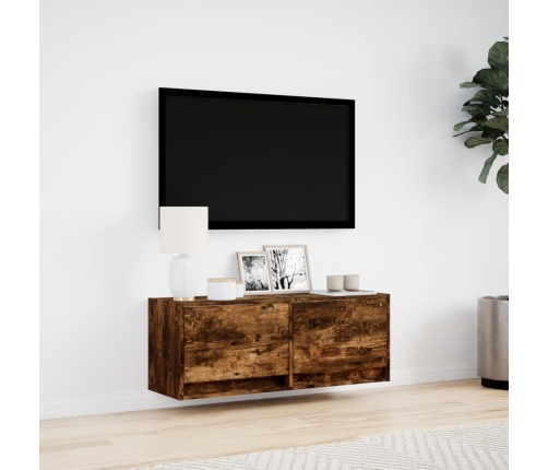 Mueble de TV de pared con luces LED roble ahumado 100x31x35 cm