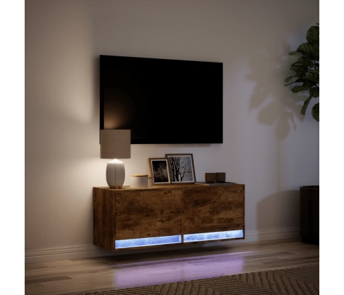 Mueble de TV de pared con luces LED roble ahumado 100x31x35 cm