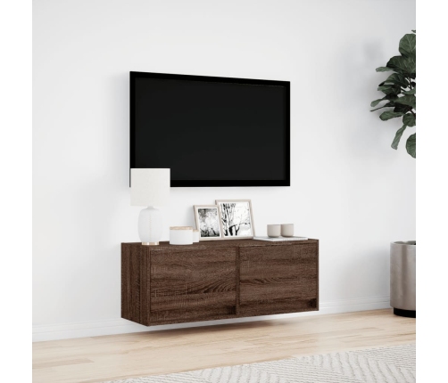 Mueble de TV de pared con luces LED marrón roble 100x31x35 cm