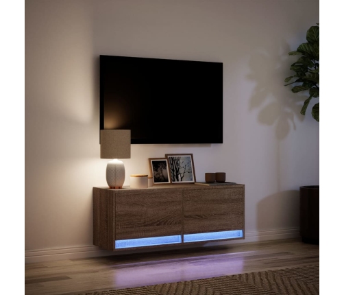 Mueble de TV de pared con luces LED marrón roble 100x31x35 cm