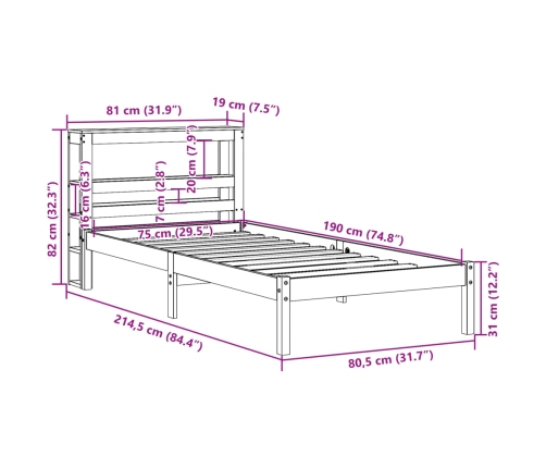 Estructura cama con cabecero madera pino marrón cera 75x190 cm