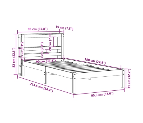 Estructura cama con cabecero madera pino marrón cera 90x190 cm