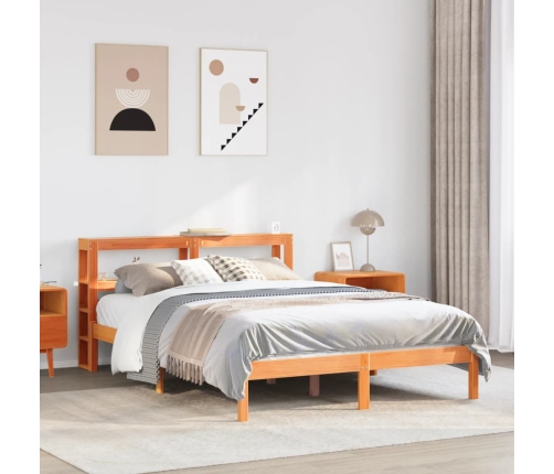 Estructura cama con cabecero madera pino marrón cera 135x190 cm