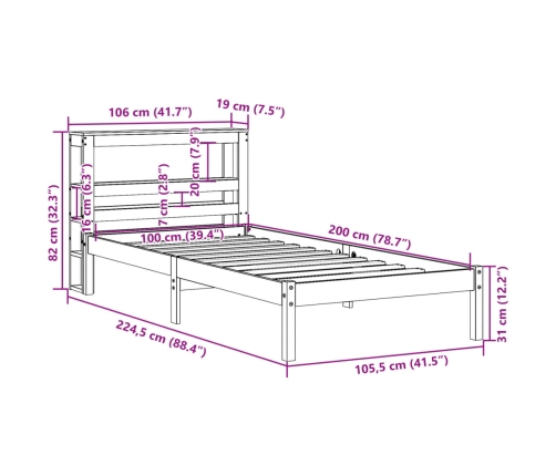 Estructura cama con cabecero madera pino marrón cera 100x200 cm
