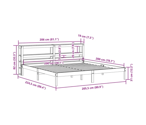 Estructura cama con cabecero madera pino marrón cera 200x200 cm