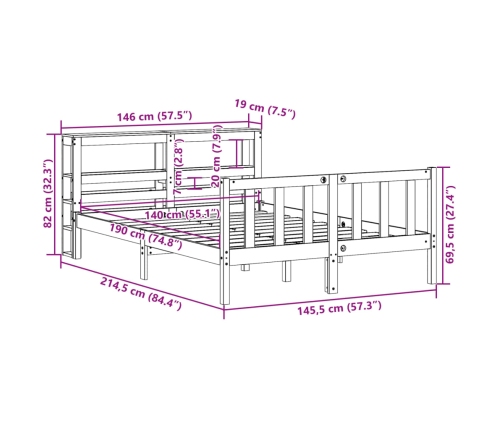 Estructura de cama sin colchón madera maciza de pino 140x190 cm