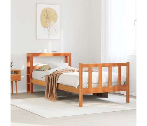 Estructura cama con cabecero madera pino marrón cera 75x190 cm