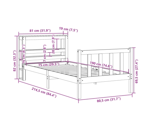 Estructura cama con cabecero madera pino marrón cera 75x190 cm