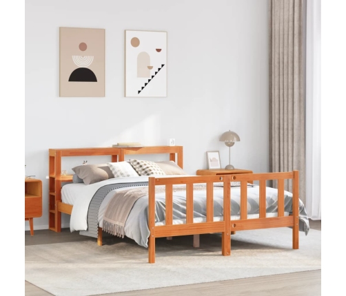 Estructura cama con cabecero madera pino marrón cera 120x190 cm