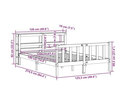 Estructura cama con cabecero madera pino marrón cera 120x190 cm