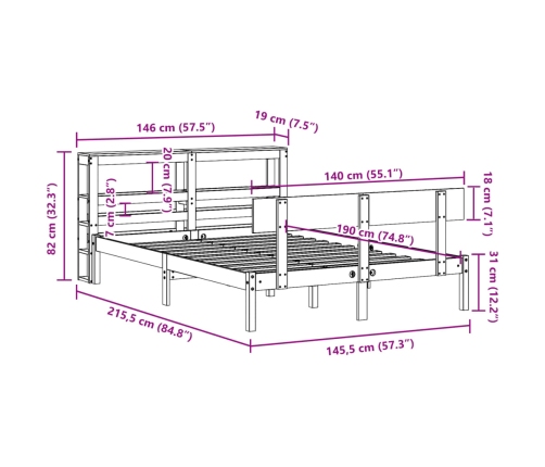 Estructura de cama sin colchón madera maciza de pino 140x190 cm