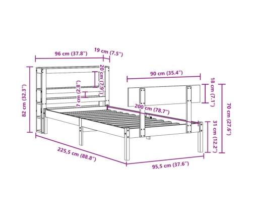 Estructura de cama sin colchón madera maciza de pino 90x200 cm