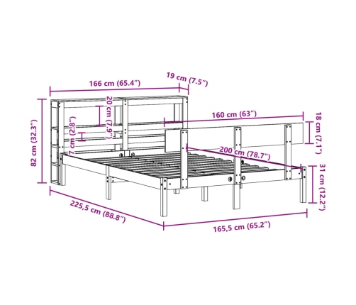 Estructura de cama sin colchón madera maciza de pino 160x200 cm