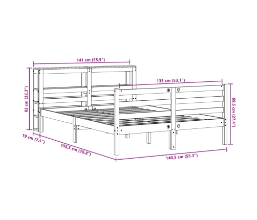 Estructura de cama sin colchón madera maciza de pino 135x190 cm