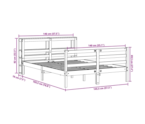 Cama sin colchón madera maciza de pino marrón cera 140x190 cm