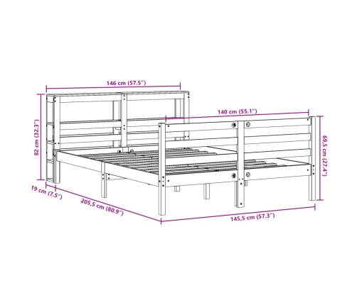 Cama sin colchón madera maciza de pino marrón cera 140x200 cm