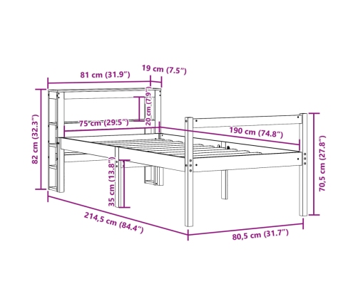 Cama personas mayores y cabecero madera pino blanco 75x190 cm