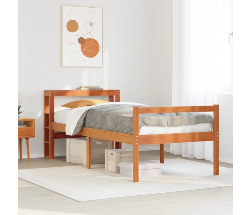 Estructura cama con cabecero madera pino marrón cera 75x190 cm