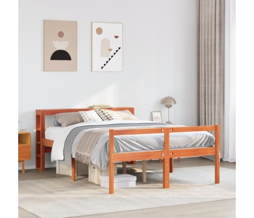 Estructura cama con cabecero madera pino marrón cera 140x190 cm