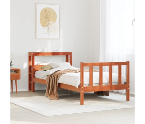 Estructura cama con cabecero madera pino marrón cera 75x190 cm