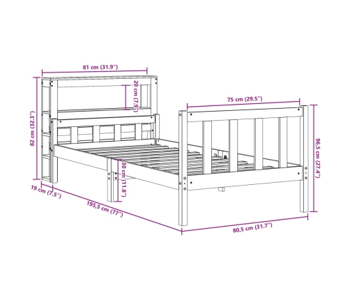 Estructura cama con cabecero madera pino marrón cera 75x190 cm