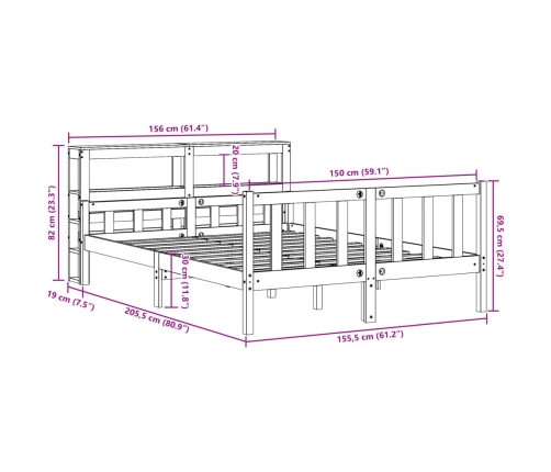 Estructura cama con cabecero madera pino marrón cera 150x200 cm