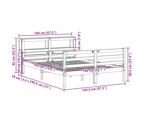 Estructura de cama con cabecero madera maciza pino 140x190 cm