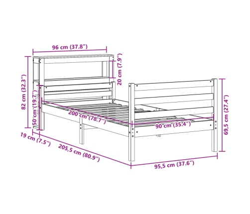 Estructura de cama con cabecero madera maciza de pino 90x200 cm