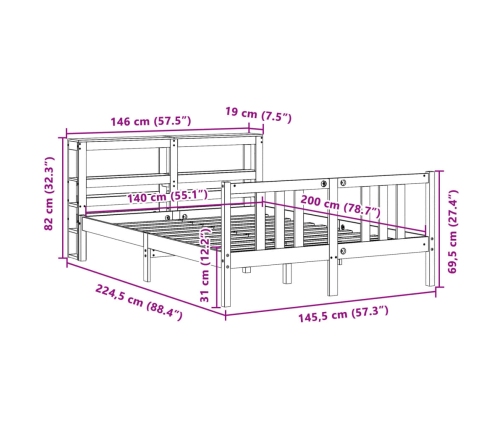 Estructura de cama con cabecero madera maciza pino 140x200 cm