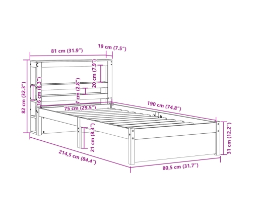 Estructura de cama con cabecero madera maciza pino 75x190 cm