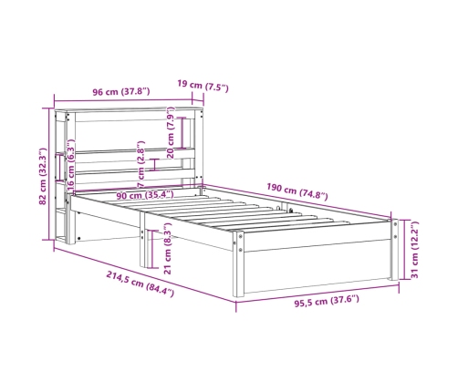 Estructura de cama con cabecero madera maciza pino 90x190 cm